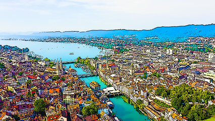 Zurich, Switzerland. Panorama of the city from the air. Limmat River. Zurich lake. Bright cartoon style illustration. Aerial view