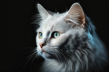 a close up of a white cat's muzzle on a dark background. Generative AI