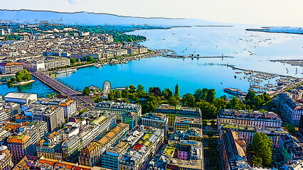 Geneva, Switzerland. Flight over the central part of the city. Lake Geneva. Bright cartoon style illustration. Aerial view