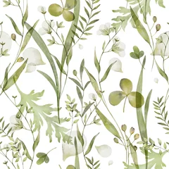 Tapeten Aquarell-Set 1 Green herbs and meadow weeds seamless pattern. Watercolor wild field background. Hand painted illustration