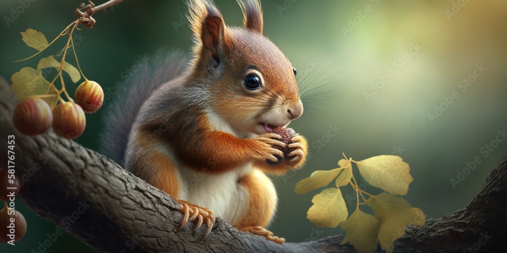 Poster cute squirrel on a tree, vertical view, munching on a hazelnut. generative ai