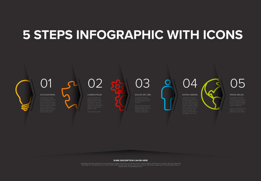 Five dark steps progress page template with big color icons