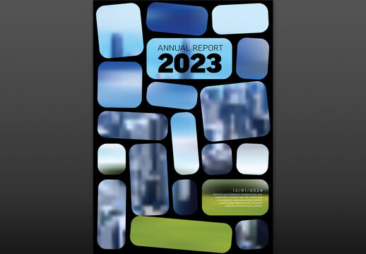 Dark annual report front cover page template with two photo mozaic placeholders