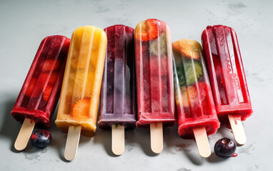 Popsicles with Fruit inside, Refreshing Frozen snack in vivid colors. Isolated on a grey studio background. Illustrative generative AI.