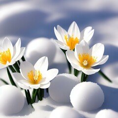fresh flowers, crocuses, late winter, snow, spring background, blurred background, fantasy, generated in AI