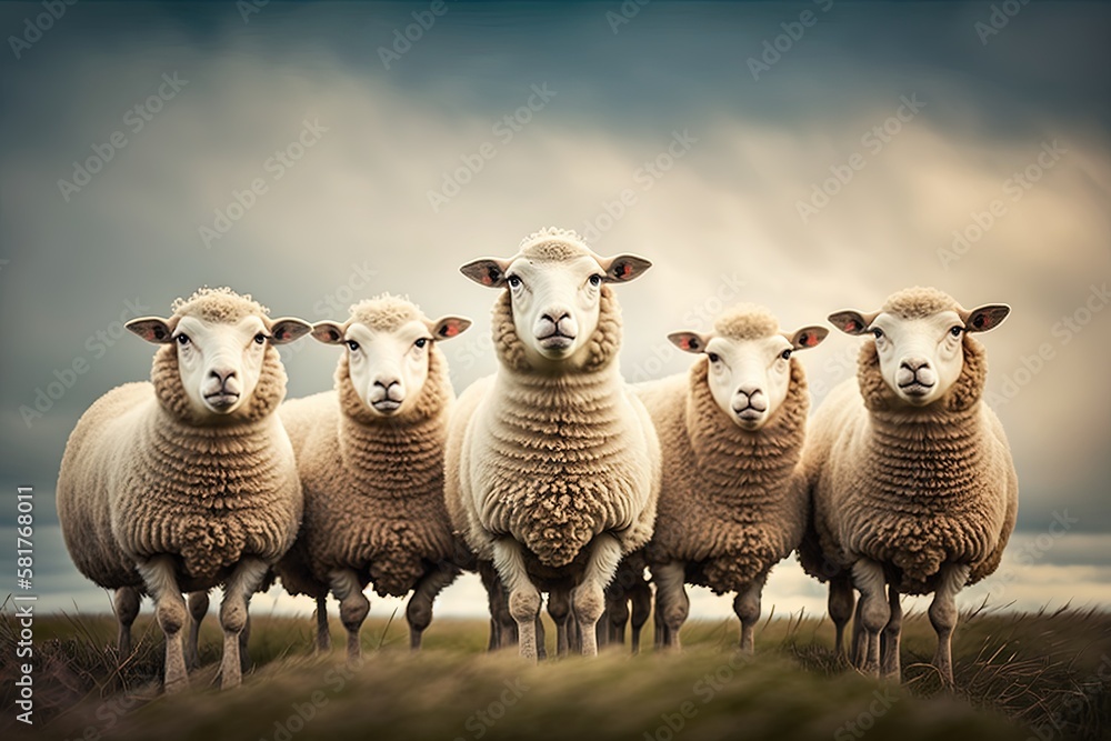 Poster sheep in a field, framed vertically against the sky. generative ai
