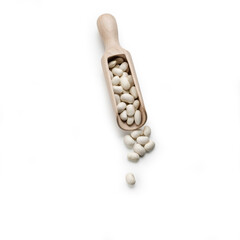 White Beans on Wooden Scoop - isolated on white background, Top View, Natural Beech Wood Scoop -  Group of white beans - Multipurpose 