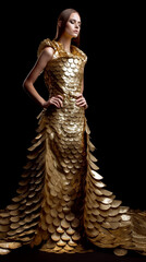 Dress made of mirrored golden scales, high fashion - Ai generative