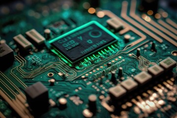 Close up of an electronic circuit board. Generative AI