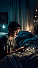 Fototapeta na wymiar Boy addicted of social networks isolated in his room - Ai generative