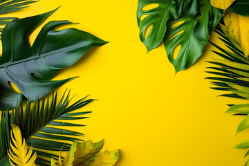 Fototapeta na wymiar Collection of Green Tropical leaves Foliage plant in color with space in Yellow Background. -Energetic, refreshing, atmospheric, mood, abstract, minimalist, simple, versatile.