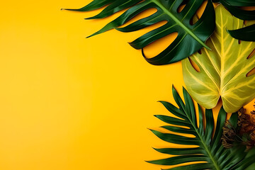 Fototapeta na wymiar Collection of Green Tropical leaves Foliage plant in color with space in Yellow Background. -Energetic, refreshing, atmospheric, mood, abstract, minimalist, simple, versatile.