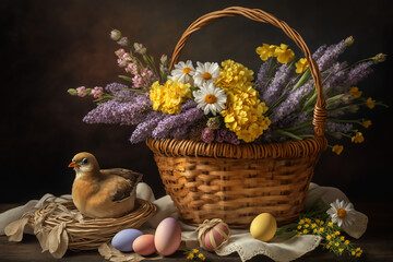 Obraz na płótnie Canvas basket with flowers and Easter eggs, GENERATIVE AI