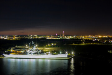 Fototapeta na wymiar Aerial view of the USS Alabama battleship at sunset