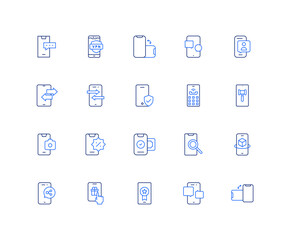 Smartphone line icon set. Editable stroke. Duotone color. chat, vpn, orientation, videocall, phone call, smartphone, mobile, camera, mobile payment, browsing, phone, reward, landing page, responsive.
