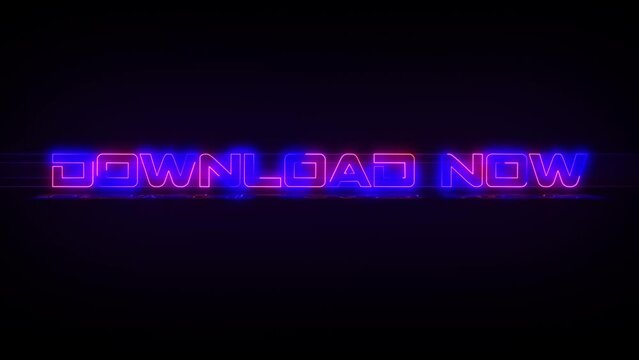 Flashing DOWNLOAD NOW electric blue and pink neon Sign flashing on and off with flicker, reflection, and anamorphic lights in 4k.