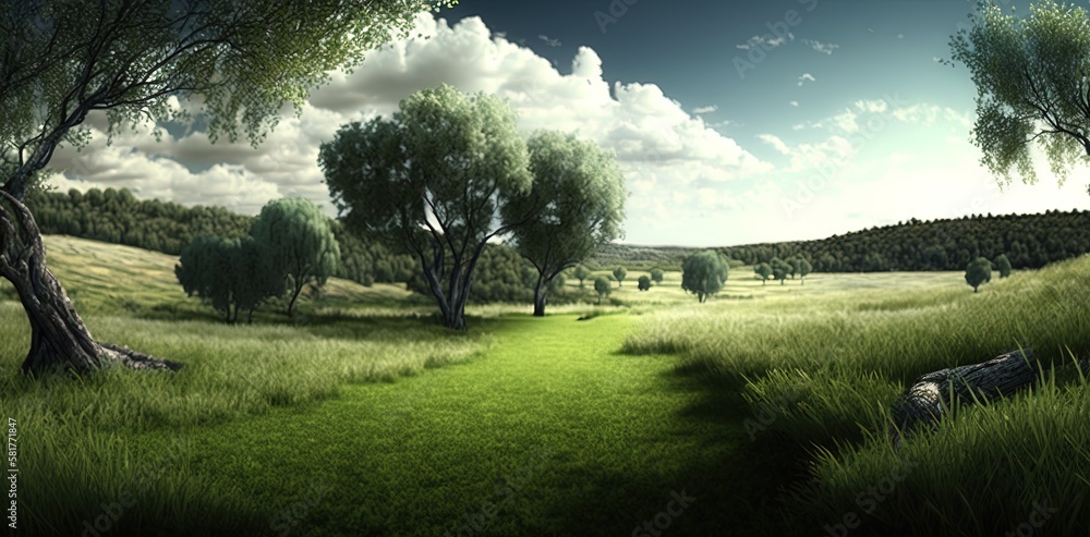 Poster expansive green scene with trees and grass, viewed from a high vantage point. generative ai