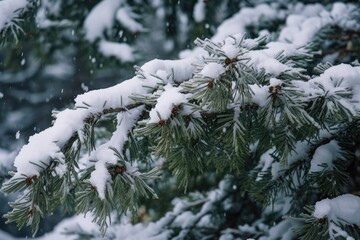 Thuja branches hidden by snow. Snowfall, a landscape, and macro photography Winter image and background. Generative AI