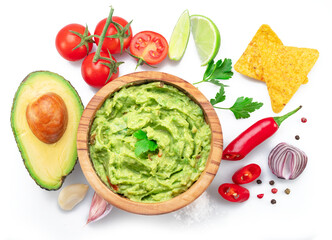 Guacamole and guacamole sauce ingredients isolated on white background. Flat lay.