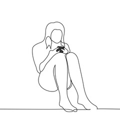 woman sitting leaning back against the wall holding phone with both hands with legs bent at the knees - one line drawing vector. the concept of internet addiction, phone addiction