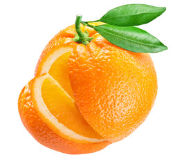 Orange fruit with green leaf and slice of orange fruit. File contains clipping path.
