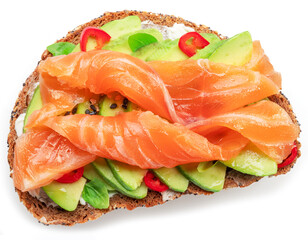 Salmon toasts with avocado isolated on white background. Top view.