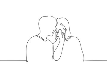 woman whispering something in ear of shocked man - one line drawing vector. the concept gossip