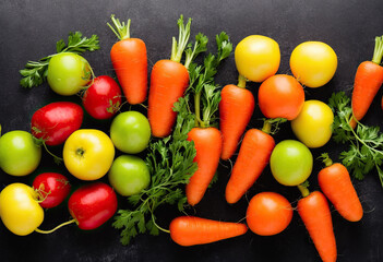 Top view of a bunch of fresh organic carrots on black background representing the concept of healthy eating