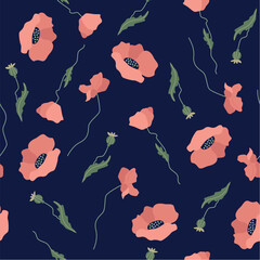 Seamless summer cute floral pattern.  Summer flat vector pattern for fabric, textile, wrapping paper, cards ets. Poppy flowers design. Red poppies on dark blue background.