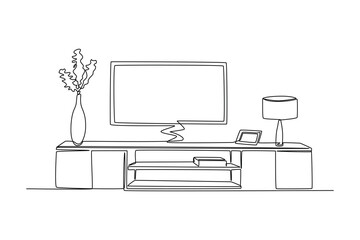 Continuous one-line drawing of tv set living room decoration. Living room concept single line draw design graphic vector illustration