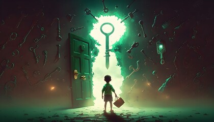 little boy standing in front of the keyhole with the green light and many keys floating around him, digital art style, illustration painting, Generative AI