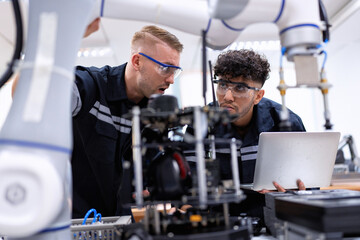 Naklejka na ściany i meble Engineer sitting in robot fabrication room quality checking robot arm hardware engineering