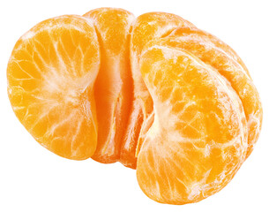 Ripe half of peeled mandarin or orange citrus fruit isolated on transparent background. Full depth...