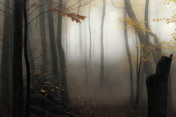 Dense fog in autumn forest with yellow leaves and green moss on tree bark AI generated