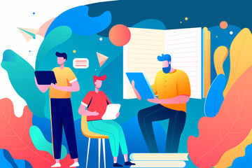 Team study with books and plants in the background, vector illustration