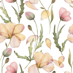 Poppies watercolor seamless pattern on white background. Designed for fabric and wallpaper, vintage style. Full name of the plant: poppy, papaver, opium. Aquarelle wild flower for background, text