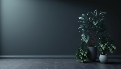 Dark Wall Empty Room with Plants on a Floor - Wall Mockup Template for Logo and Poster