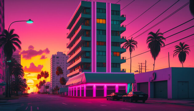 Miami Art Deco Building With Neon And Sunset. Generative AI.