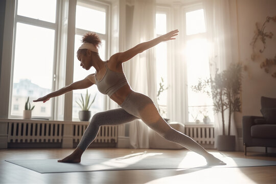 A beautiful black woman practices yoga in a spacious modern sunny and bright living room. Photorealistic illustration generated by AI.