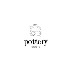 Pottery Studio Logo. Hand drawn pot on the hand on the white background.