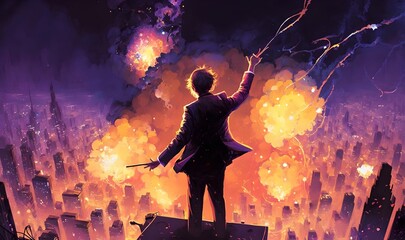 the mad conductor directing symphony of explosion, digital art style, illustration painting, Generative AI
