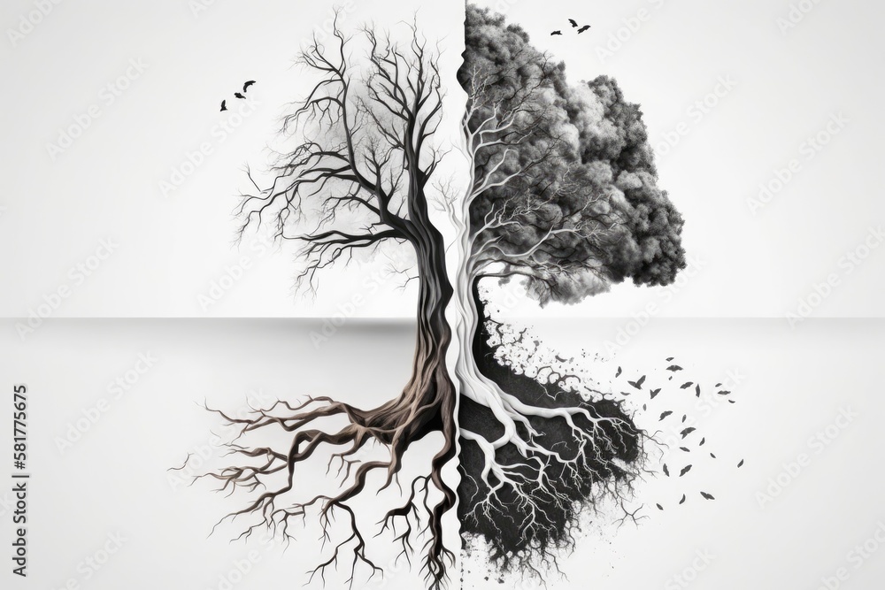 Poster concept of duality living tree on one side and a dead tree on the other. on a white background, alon