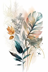 Abstract Watercolor Botanical Line Art Background made with Generative AI