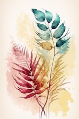 Abstract Watercolor Botanical Line Art Background made with Generative AI