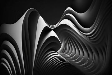 Abstract white and black waves on a dark background 3D made with Generative AI