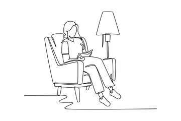 Continuous one-line drawing woman reading a book on the couch with a standing lamp. Living room concept single line draw design graphic vector illustration