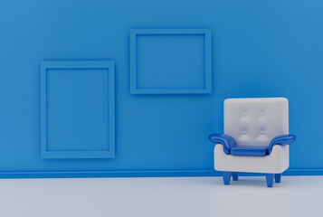 Blue room with armchair, empty frames with place for text. Minimalism concept.scandinavian room interior.3d render