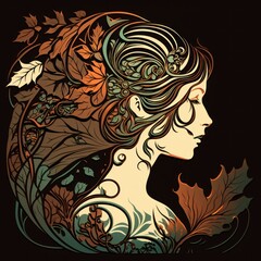 Generative AI illustration of beautiful girl with autumn leaves in her hair on dark background.