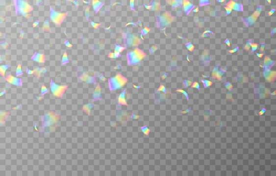 Vector holographic confetti on an isolated transparent background. Shiny confetti png. Rainbow confetti falling from the sky png. Serpentine, tinsel, png.