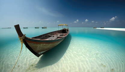 Fototapeta na wymiar Fishing boat on the shore. Amazing paradise islands of Maldives. Generative AI
